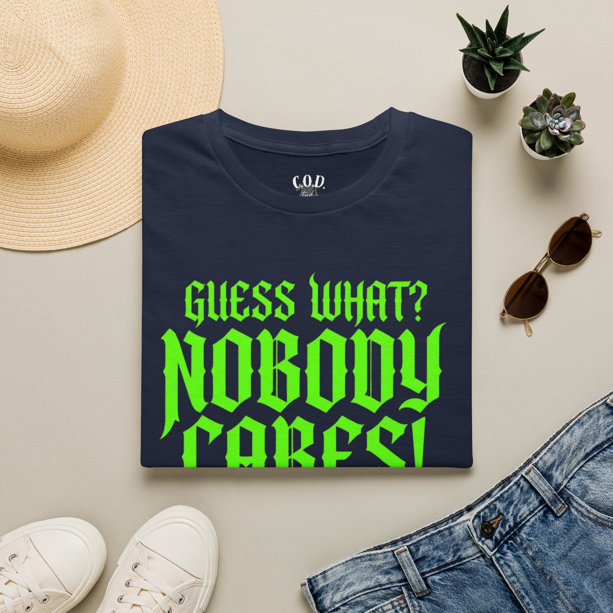 Nobody Cares T‑Shirt — Neon Green "Guess What? Nobody Cares!" Graphic Tee