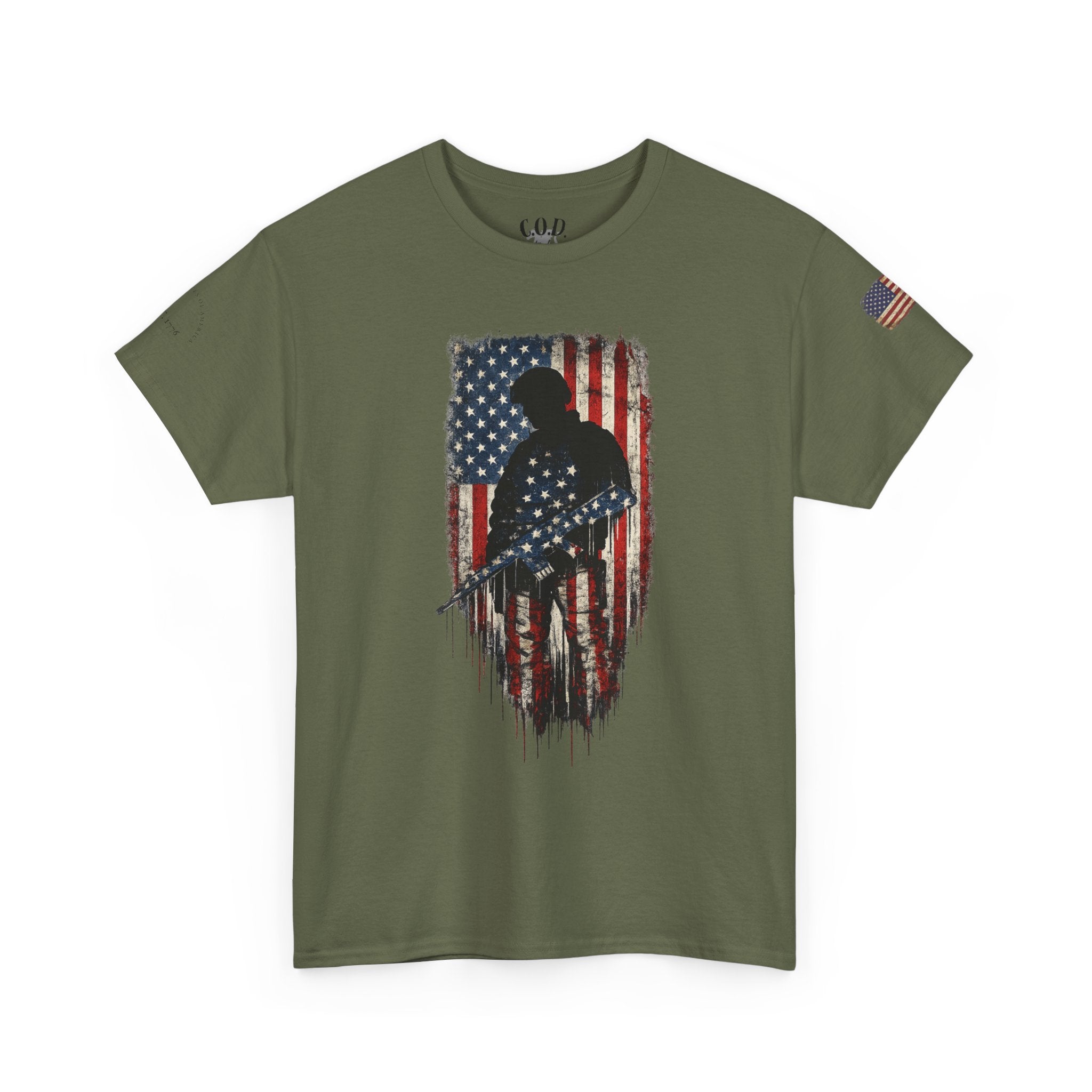 Patriotic Soldier Silhouette Tee — American Flag Military Veteran T-Shirt