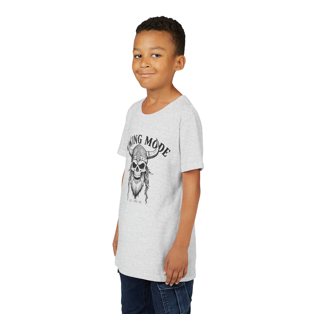Viking Mode Youth T‑Shirt — Skull Horned Helmet Graphic Tee for Kids