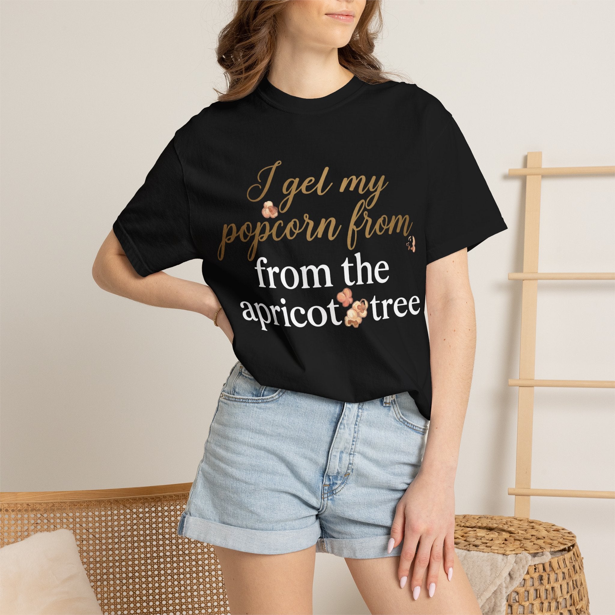 T-Shirt — “I Get My Popcorn From The Apricot Tree” Script Graphic Tee | Hymns | LDS |