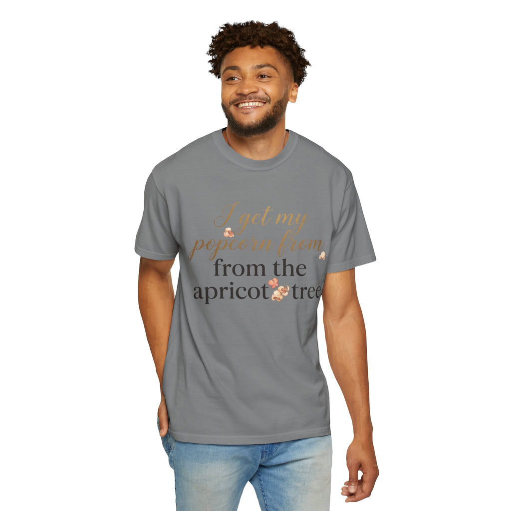 T-Shirt — “I Get My Popcorn From The Apricot Tree” Script Graphic Tee | Hymns | LDS |