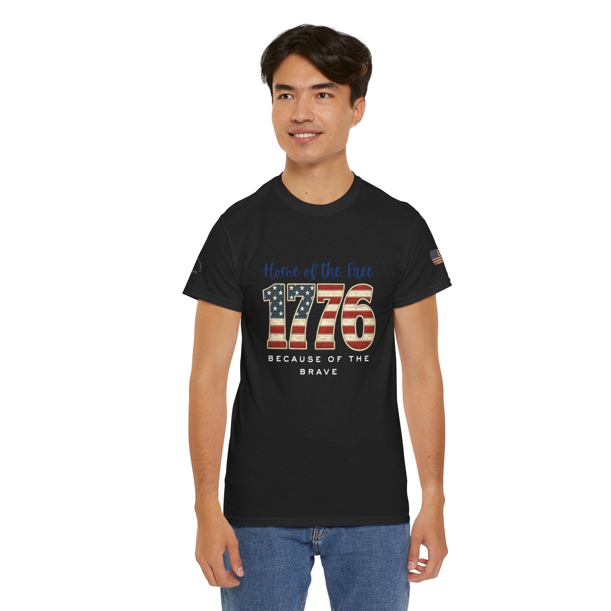 1776 American Flag Tee — "Home of the Free, Because of the Brave" Patriotic T-Shirt