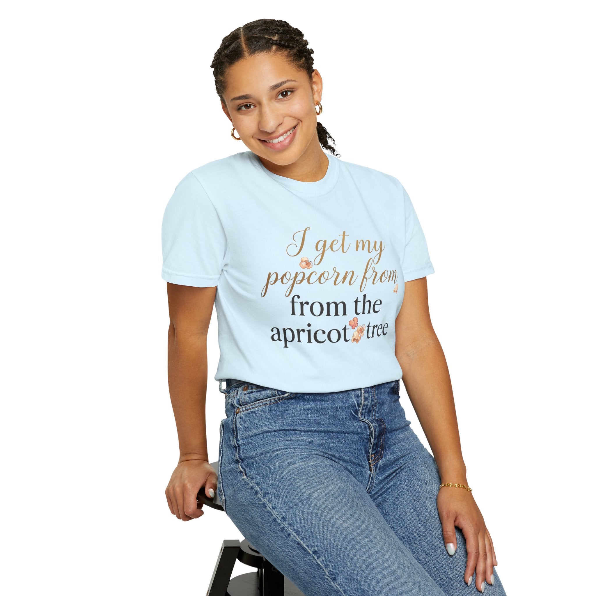 T-Shirt — “I Get My Popcorn From The Apricot Tree” Script Graphic Tee | Hymns | LDS |