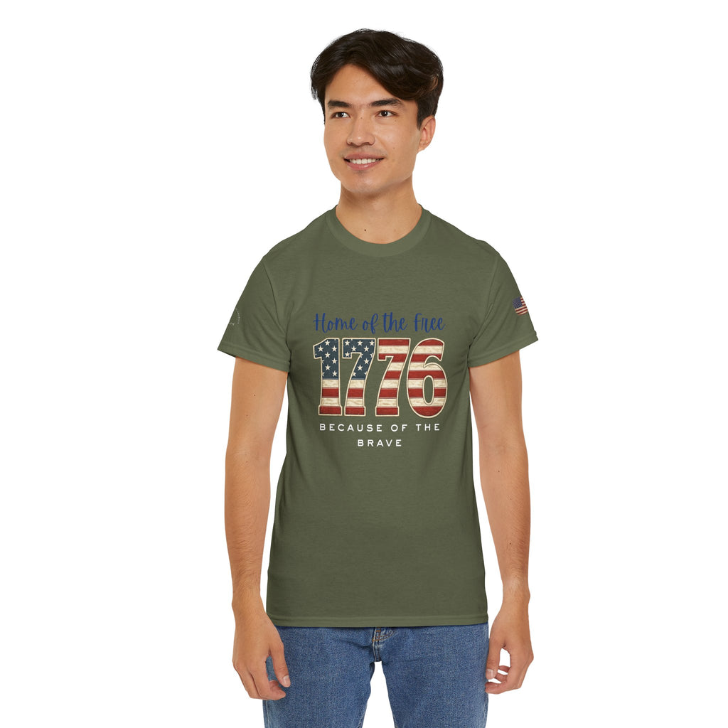 1776 American Flag Tee — "Home of the Free, Because of the Brave" Patriotic T-Shirt