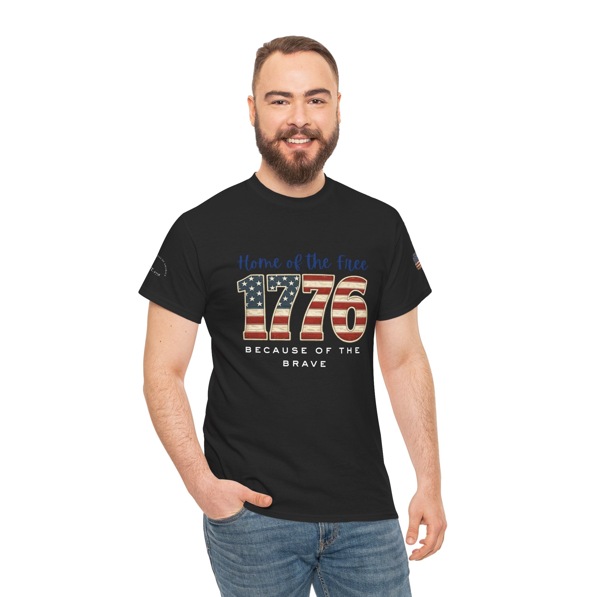 1776 American Flag Tee — "Home of the Free, Because of the Brave" Patriotic T-Shirt