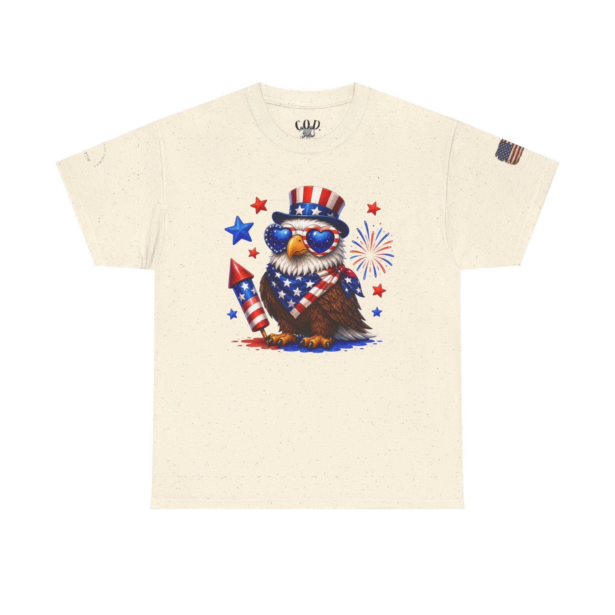 Patriotic Eagle Tee — 4th of July Uncle Sam Hat & Firework Graphic