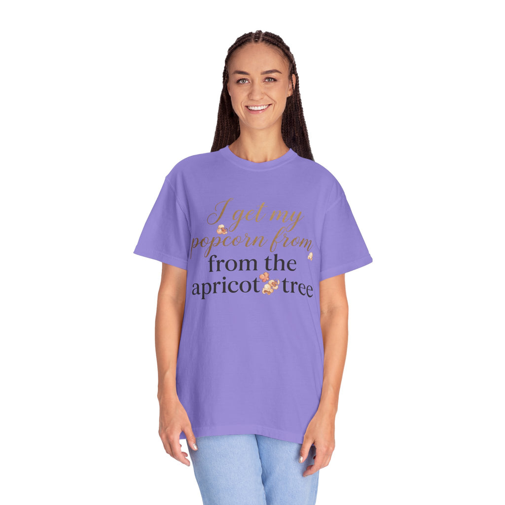 T-Shirt — “I Get My Popcorn From The Apricot Tree” Script Graphic Tee | Hymns | LDS |