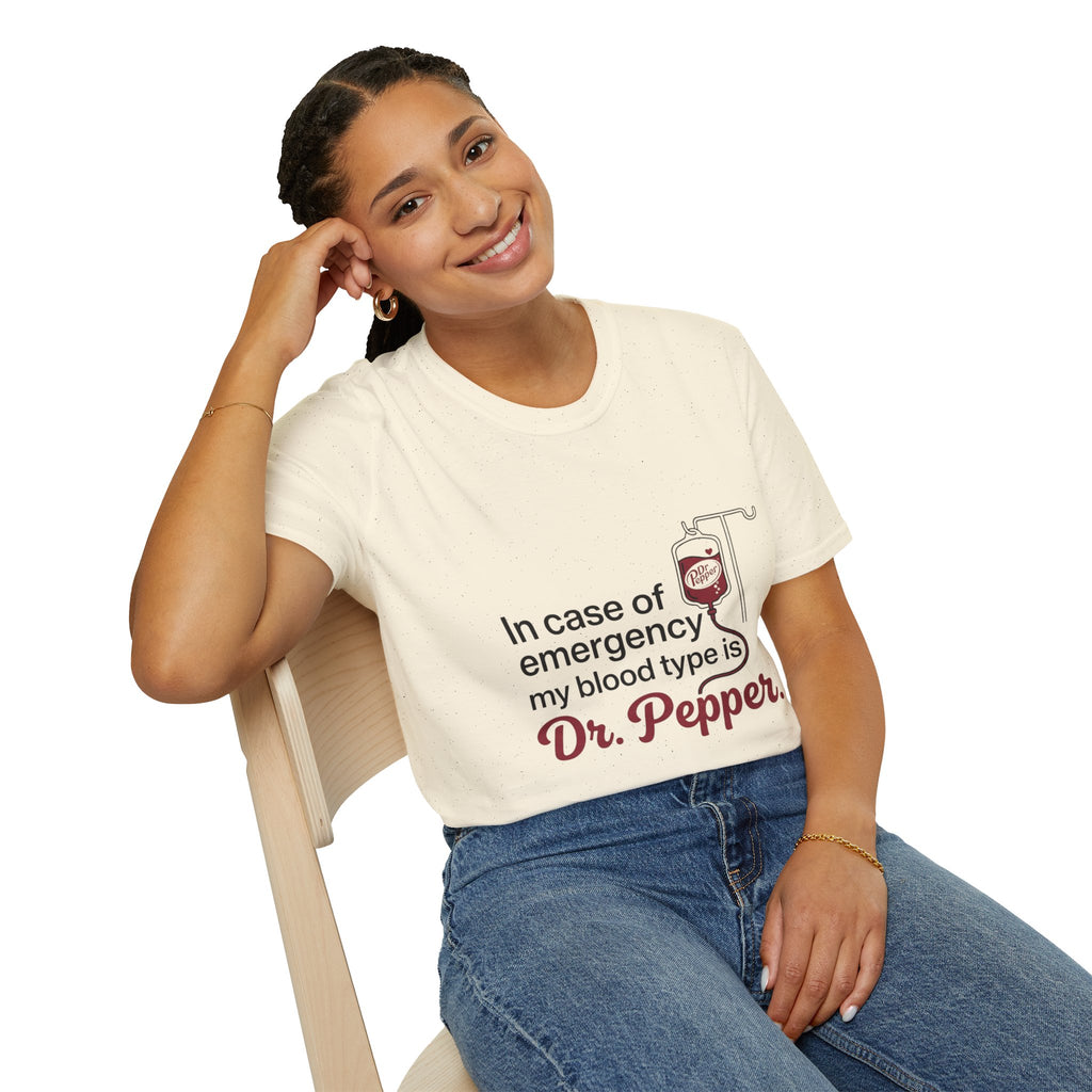 Dr Pepper T-Shirt — "In Case of Emergency My Blood Type Is Dr. Pepper" Funny Soda Tee