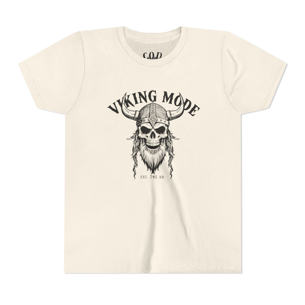 Viking Mode Youth T‑Shirt — Skull Horned Helmet Graphic Tee for Kids