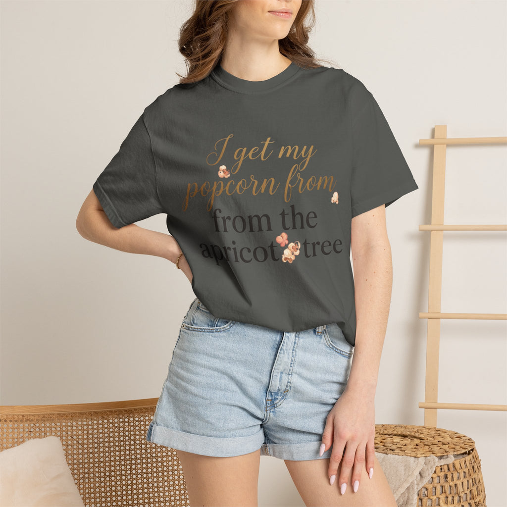 T-Shirt — “I Get My Popcorn From The Apricot Tree” Script Graphic Tee | Hymns | LDS |