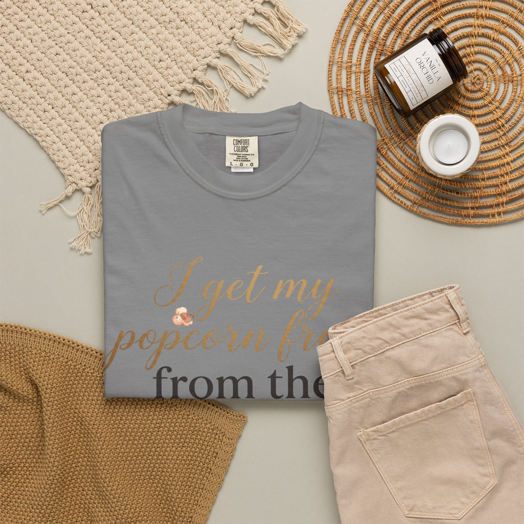 T-Shirt — “I Get My Popcorn From The Apricot Tree” Script Graphic Tee | Hymns | LDS |