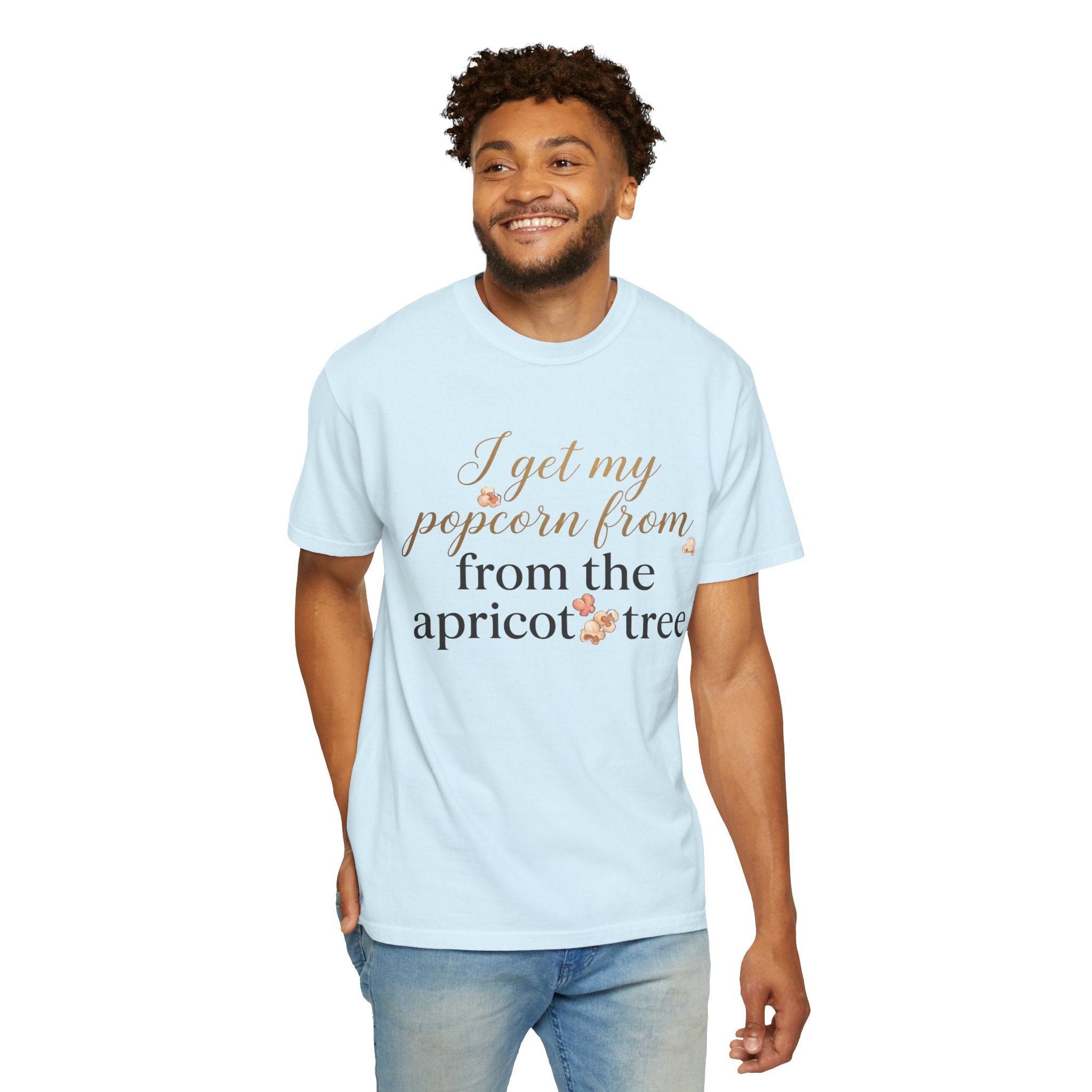 T-Shirt — “I Get My Popcorn From The Apricot Tree” Script Graphic Tee | Hymns | LDS |