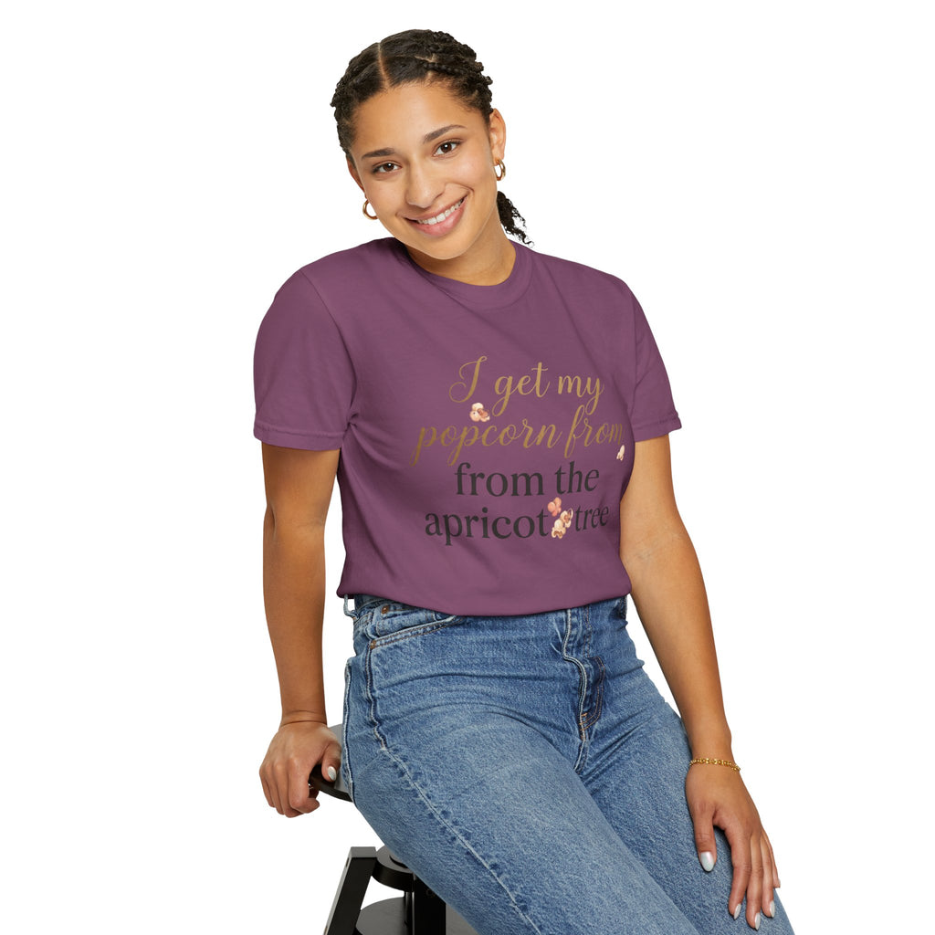 T-Shirt — “I Get My Popcorn From The Apricot Tree” Script Graphic Tee | Hymns | LDS |