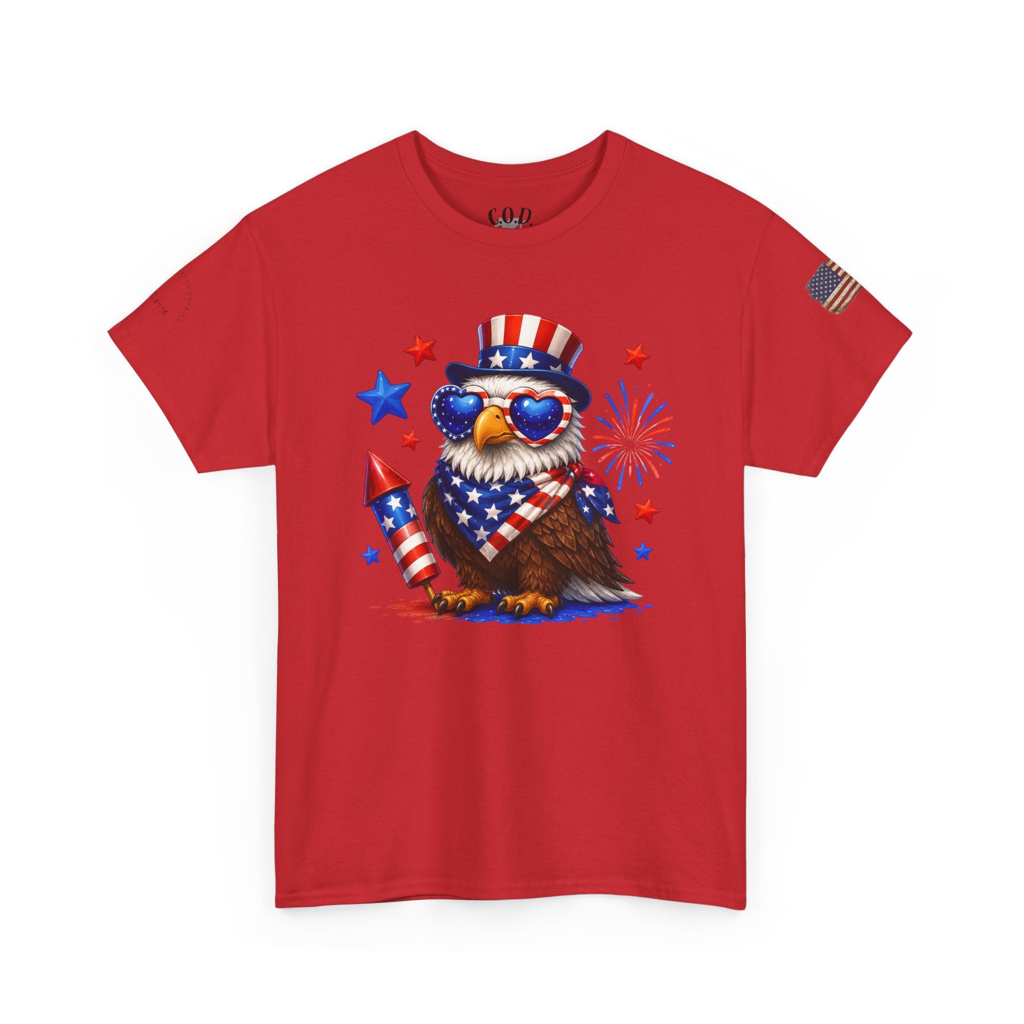Patriotic Eagle Tee — 4th of July Uncle Sam Hat & Firework Graphic