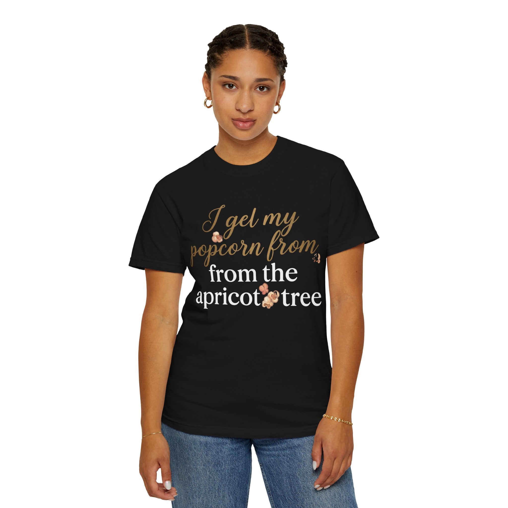 T-Shirt — “I Get My Popcorn From The Apricot Tree” Script Graphic Tee | Hymns | LDS |