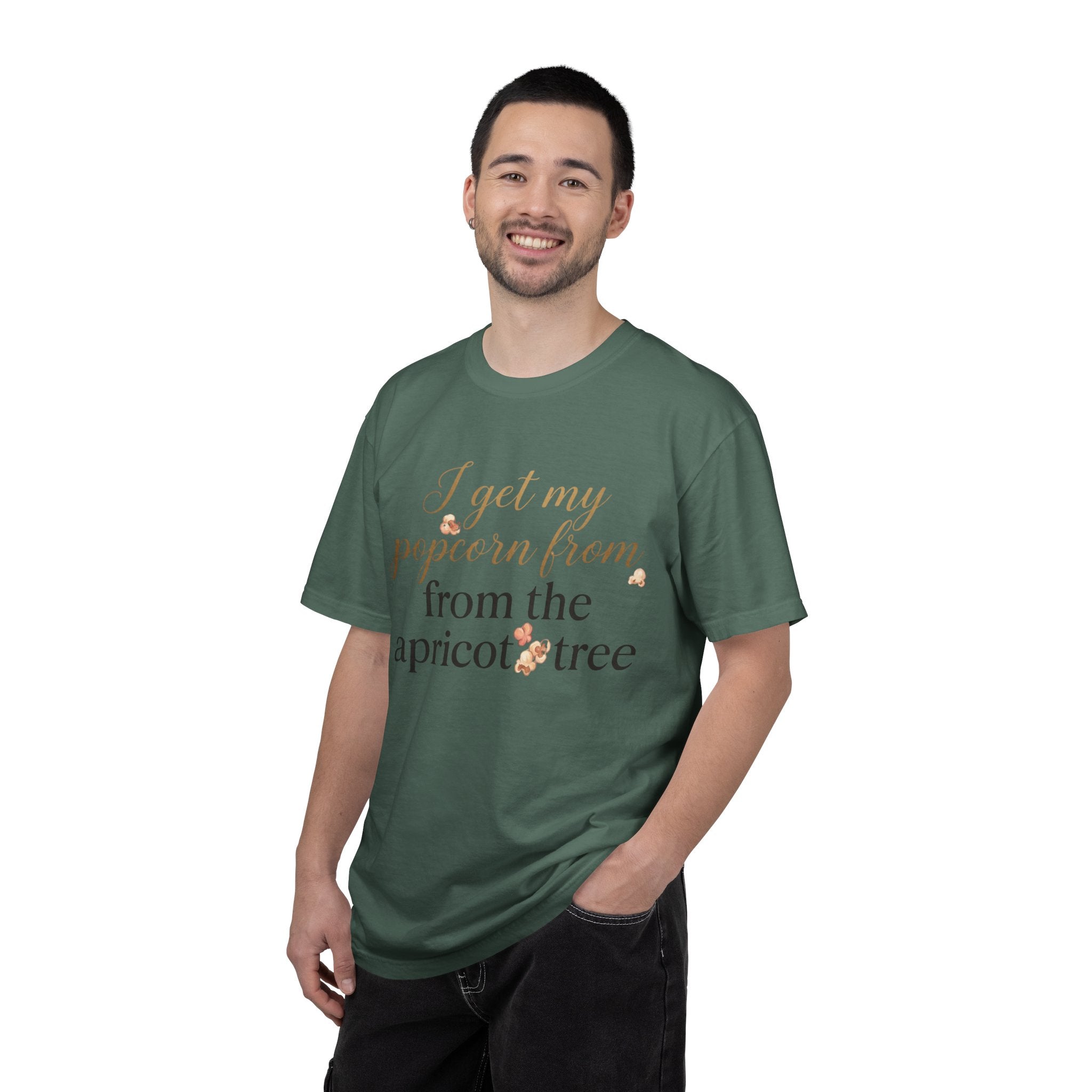 T-Shirt — “I Get My Popcorn From The Apricot Tree” Script Graphic Tee | Hymns | LDS |