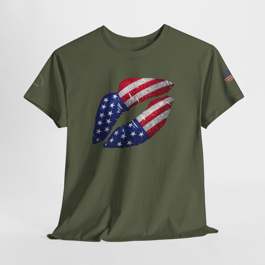American Flag Kiss T‑Shirt – Patriotic USA Lip Print Tee for 4th of July
