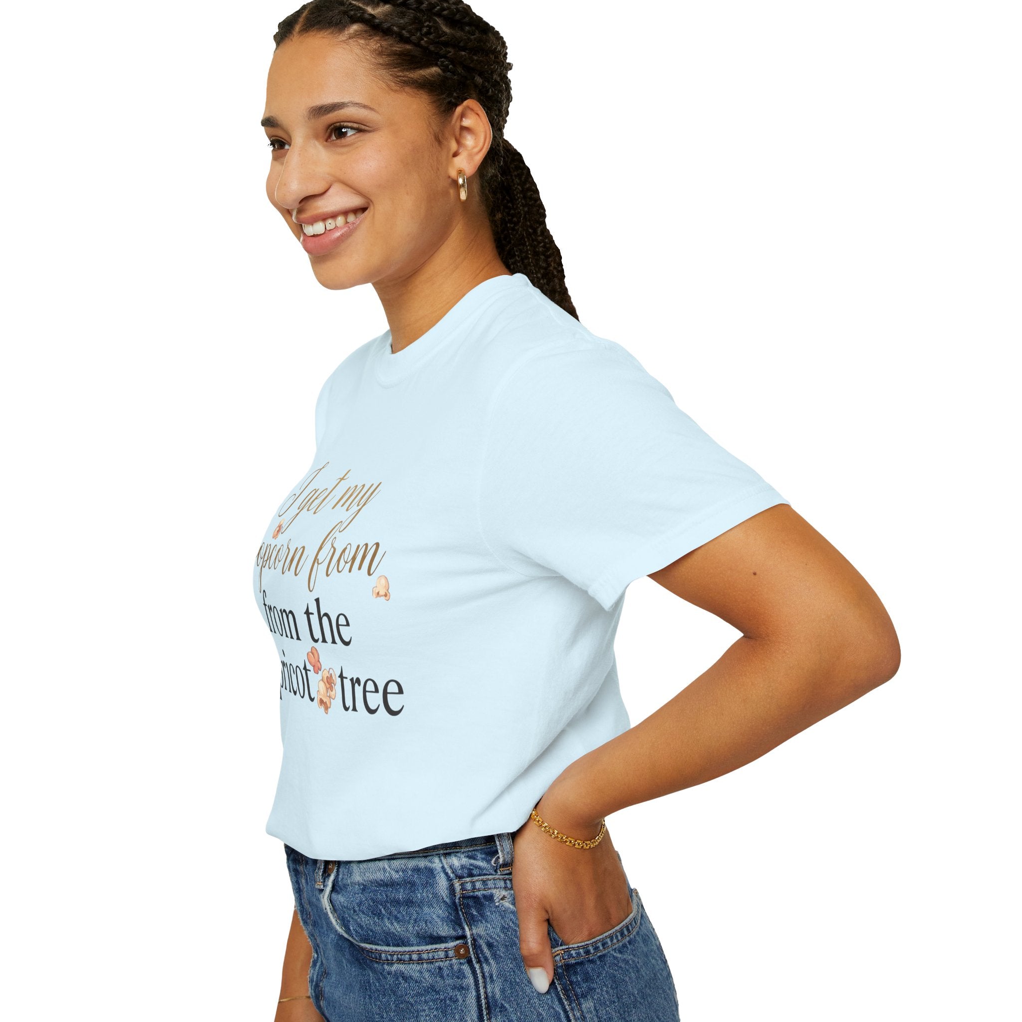 T-Shirt — “I Get My Popcorn From The Apricot Tree” Script Graphic Tee | Hymns | LDS |