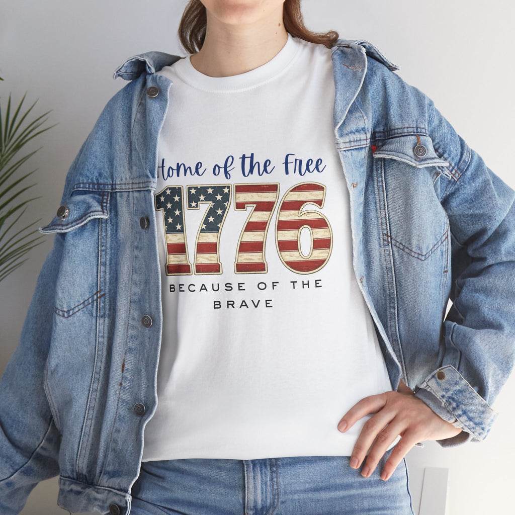 1776 American Flag Tee — "Home of the Free, Because of the Brave" Patriotic T-Shirt