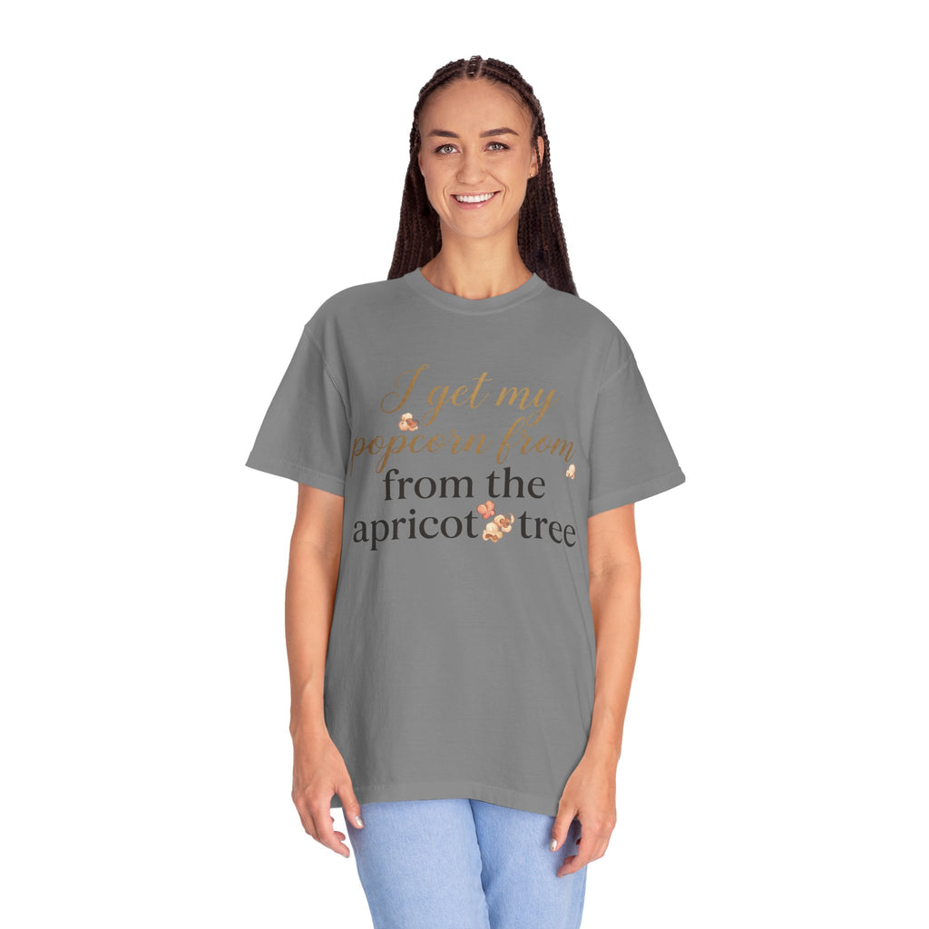 T-Shirt — “I Get My Popcorn From The Apricot Tree” Script Graphic Tee | Hymns | LDS |