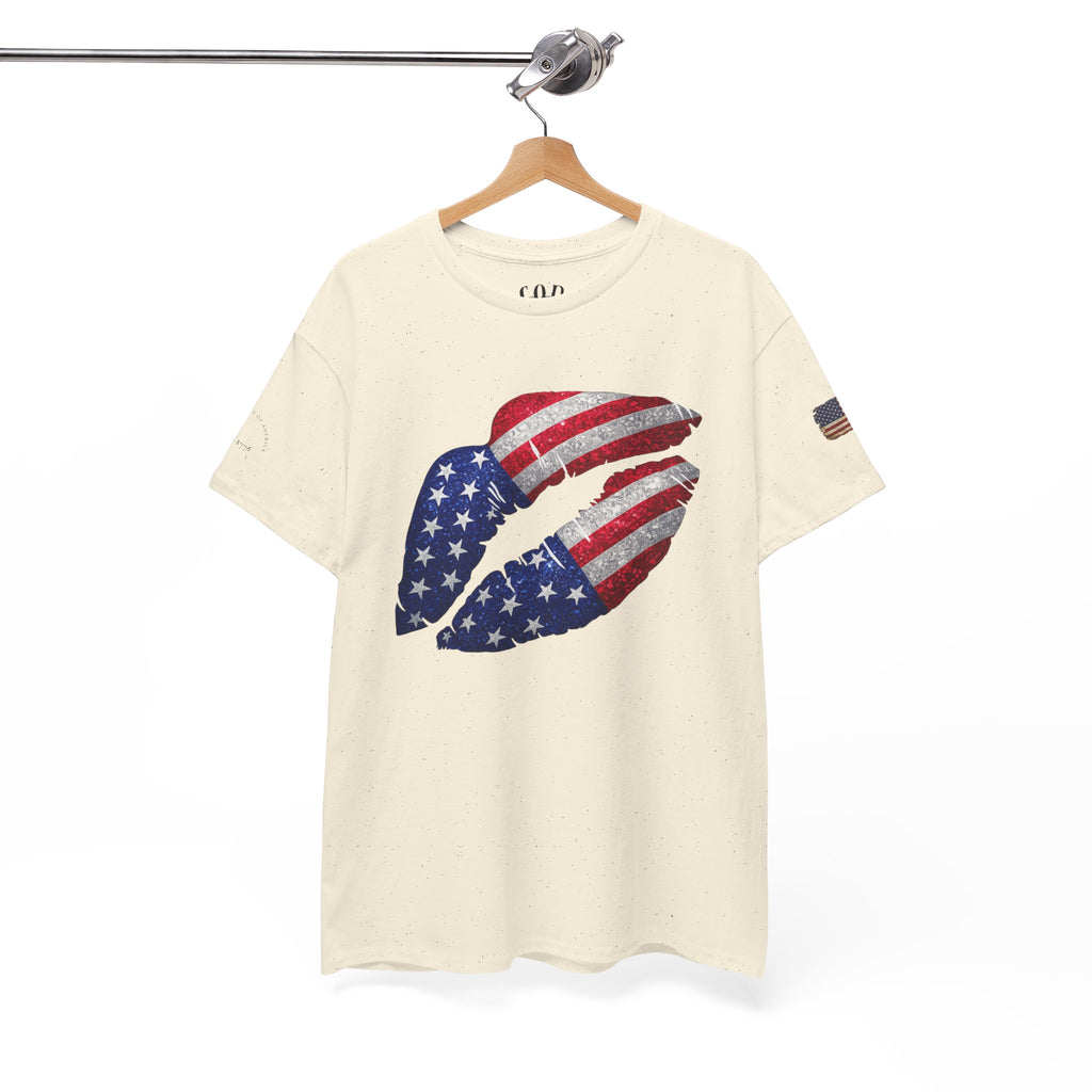 American Flag Kiss T‑Shirt – Patriotic USA Lip Print Tee for 4th of July