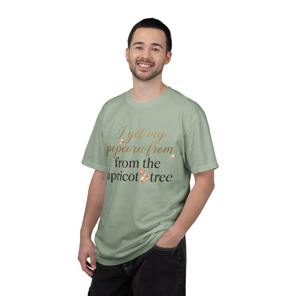 T-Shirt — “I Get My Popcorn From The Apricot Tree” Script Graphic Tee | Hymns | LDS |