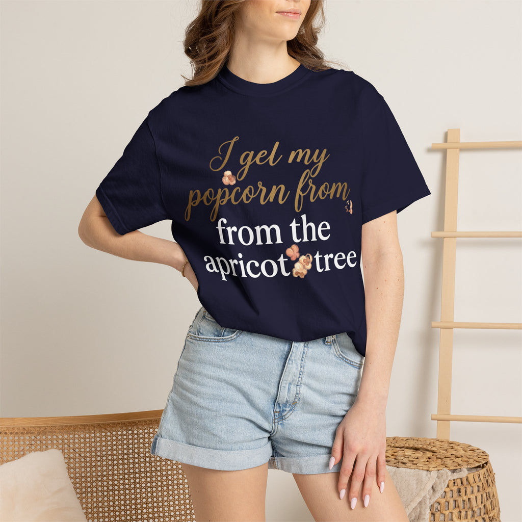 T-Shirt — “I Get My Popcorn From The Apricot Tree” Script Graphic Tee | Hymns | LDS |