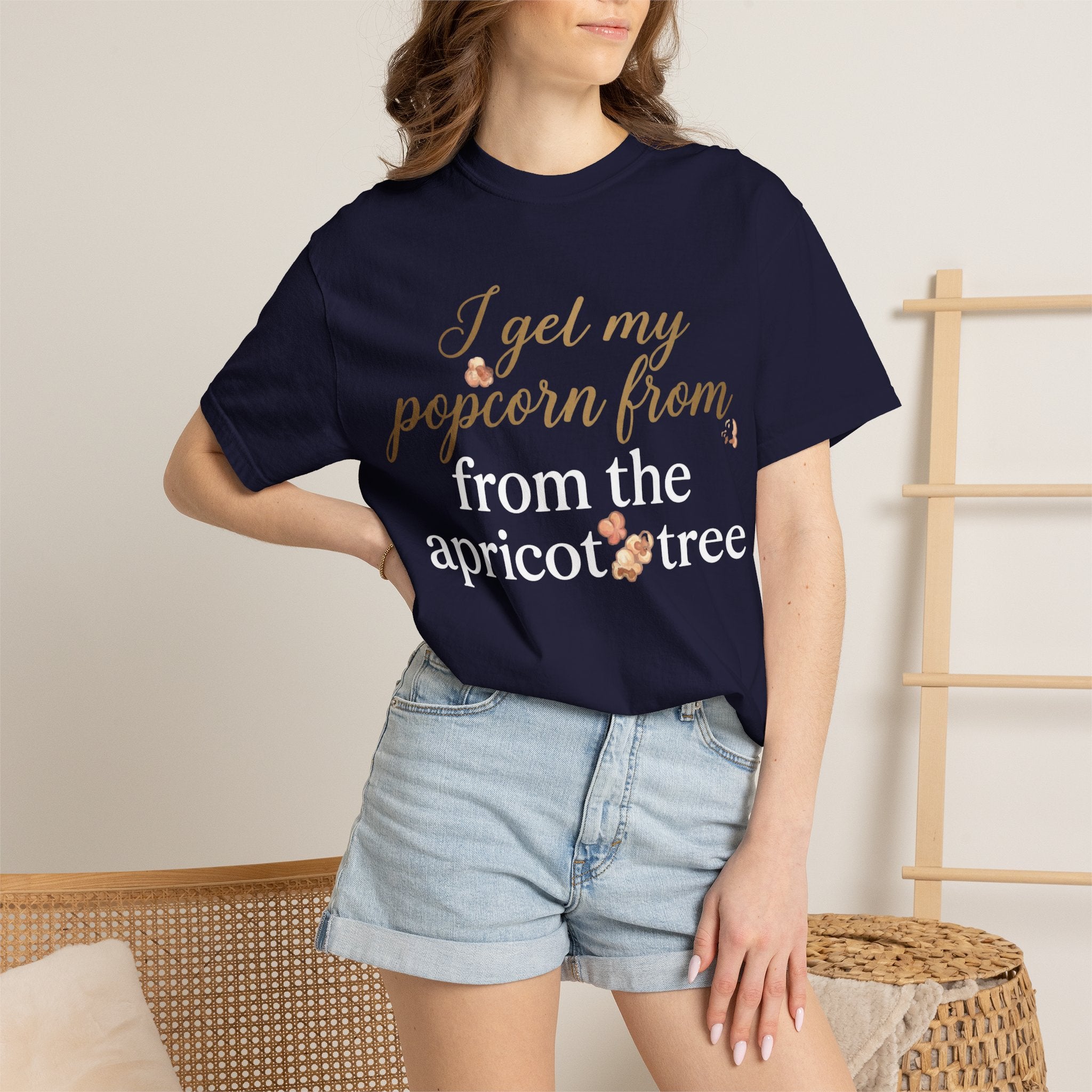 T-Shirt — “I Get My Popcorn From The Apricot Tree” Script Graphic Tee | Hymns | LDS |