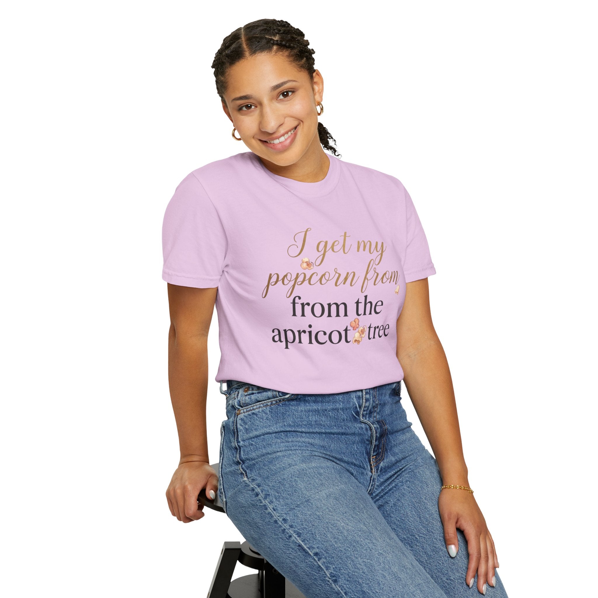 T-Shirt — “I Get My Popcorn From The Apricot Tree” Script Graphic Tee | Hymns | LDS |