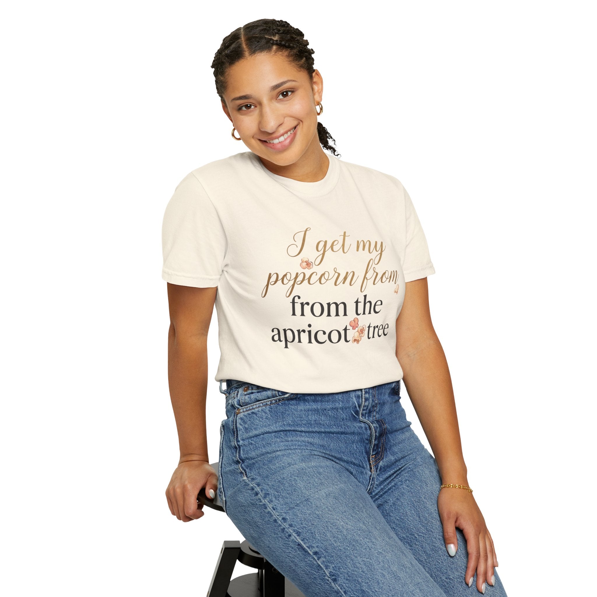 T-Shirt — “I Get My Popcorn From The Apricot Tree” Script Graphic Tee | Hymns | LDS |