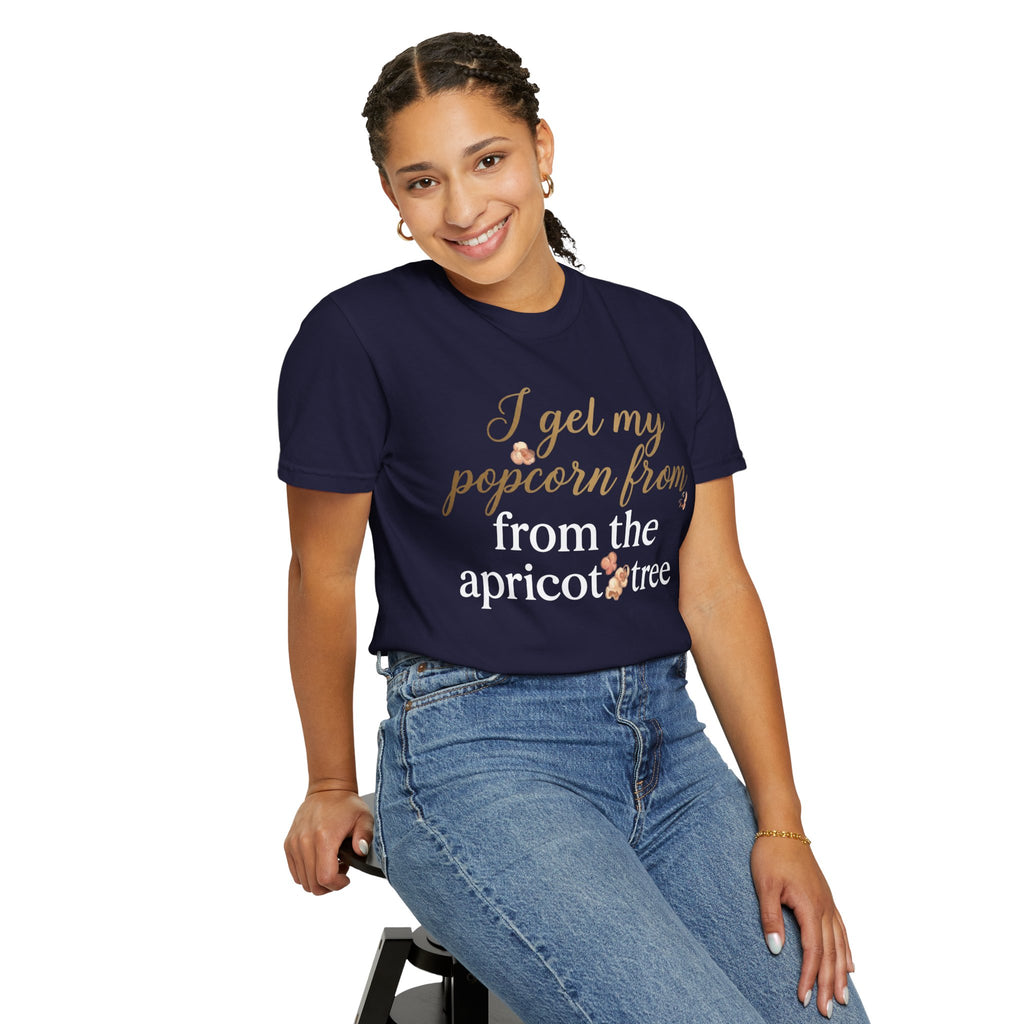 T-Shirt — “I Get My Popcorn From The Apricot Tree” Script Graphic Tee | Hymns | LDS |