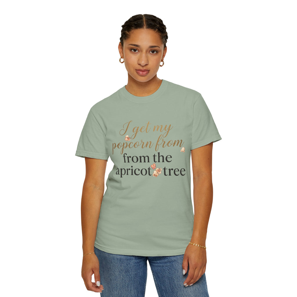 T-Shirt — “I Get My Popcorn From The Apricot Tree” Script Graphic Tee | Hymns | LDS |