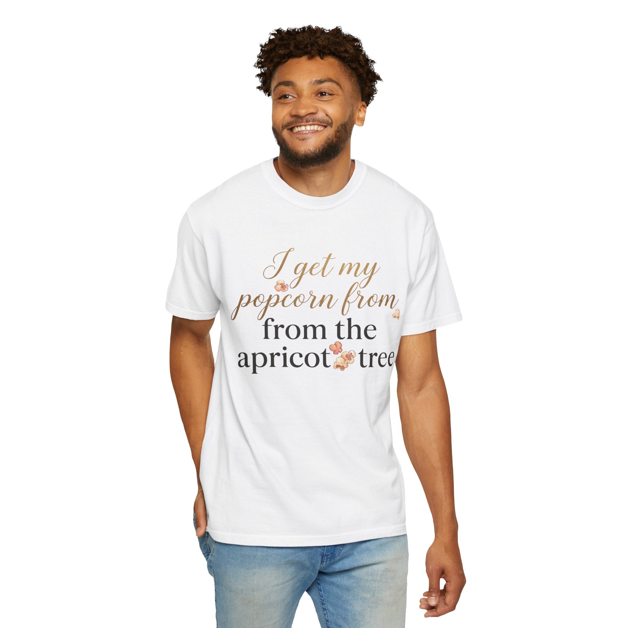 T-Shirt — “I Get My Popcorn From The Apricot Tree” Script Graphic Tee | Hymns | LDS |