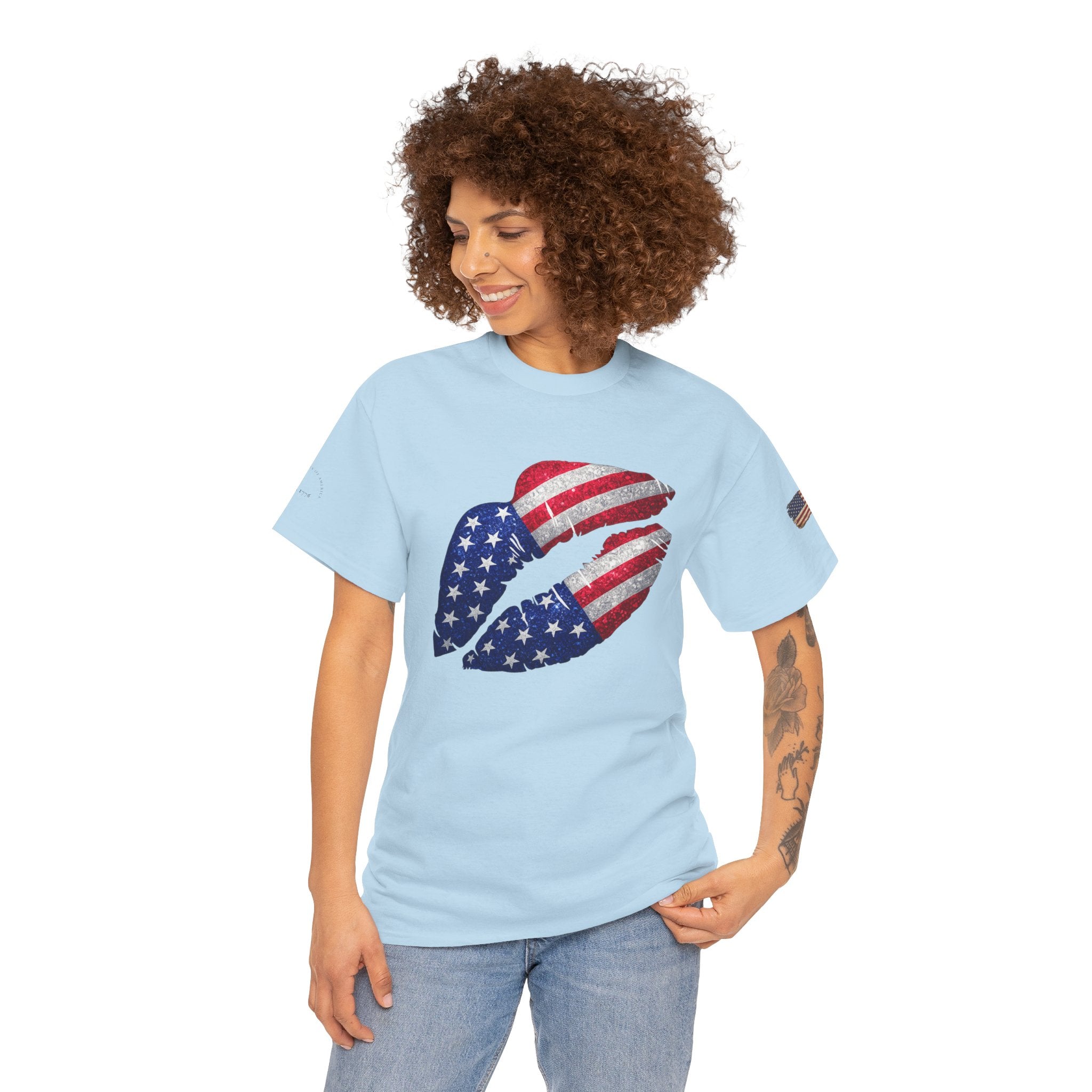 American Flag Kiss T‑Shirt – Patriotic USA Lip Print Tee for 4th of July