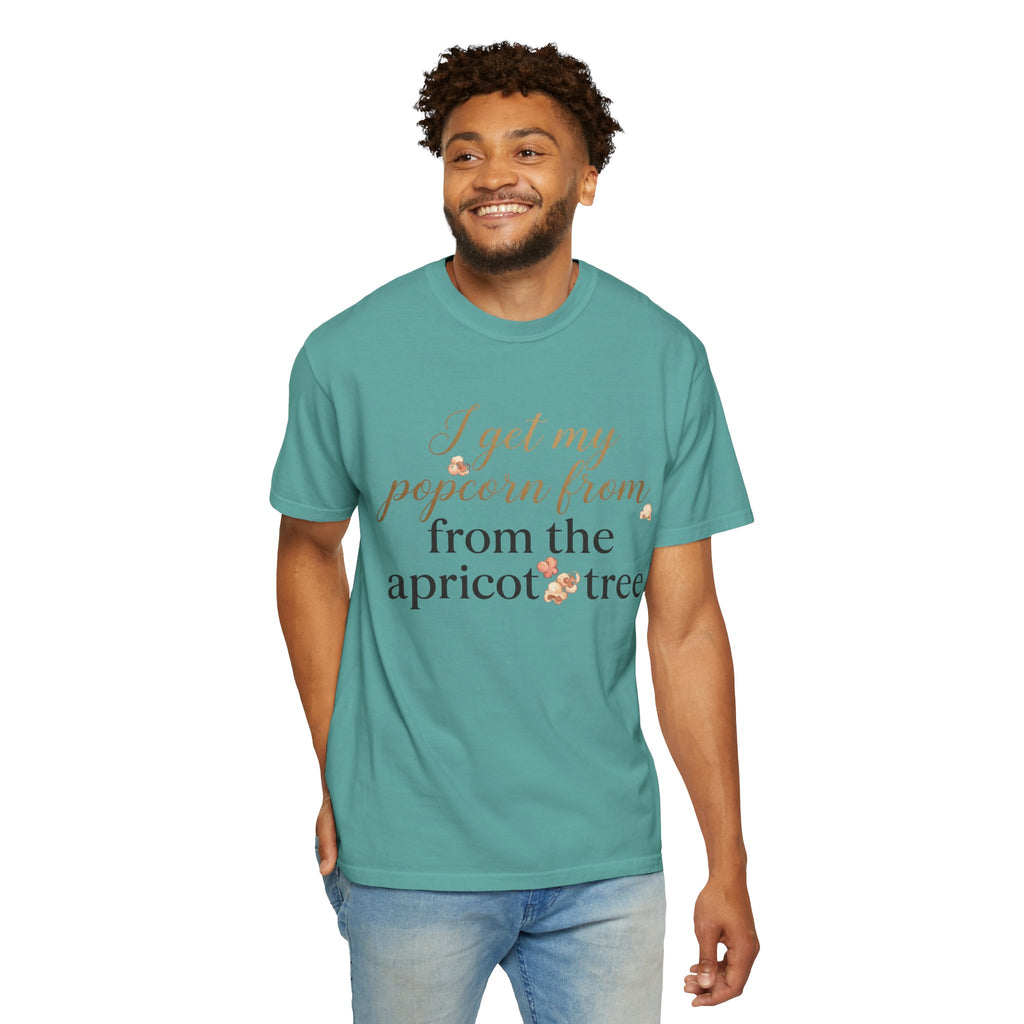 T-Shirt — “I Get My Popcorn From The Apricot Tree” Script Graphic Tee | Hymns | LDS |