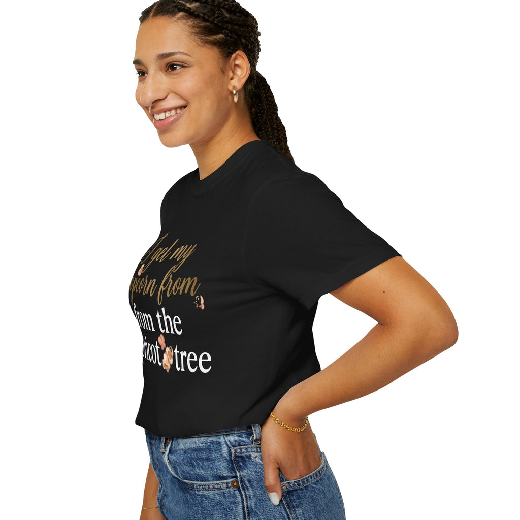 T-Shirt — “I Get My Popcorn From The Apricot Tree” Script Graphic Tee | Hymns | LDS |