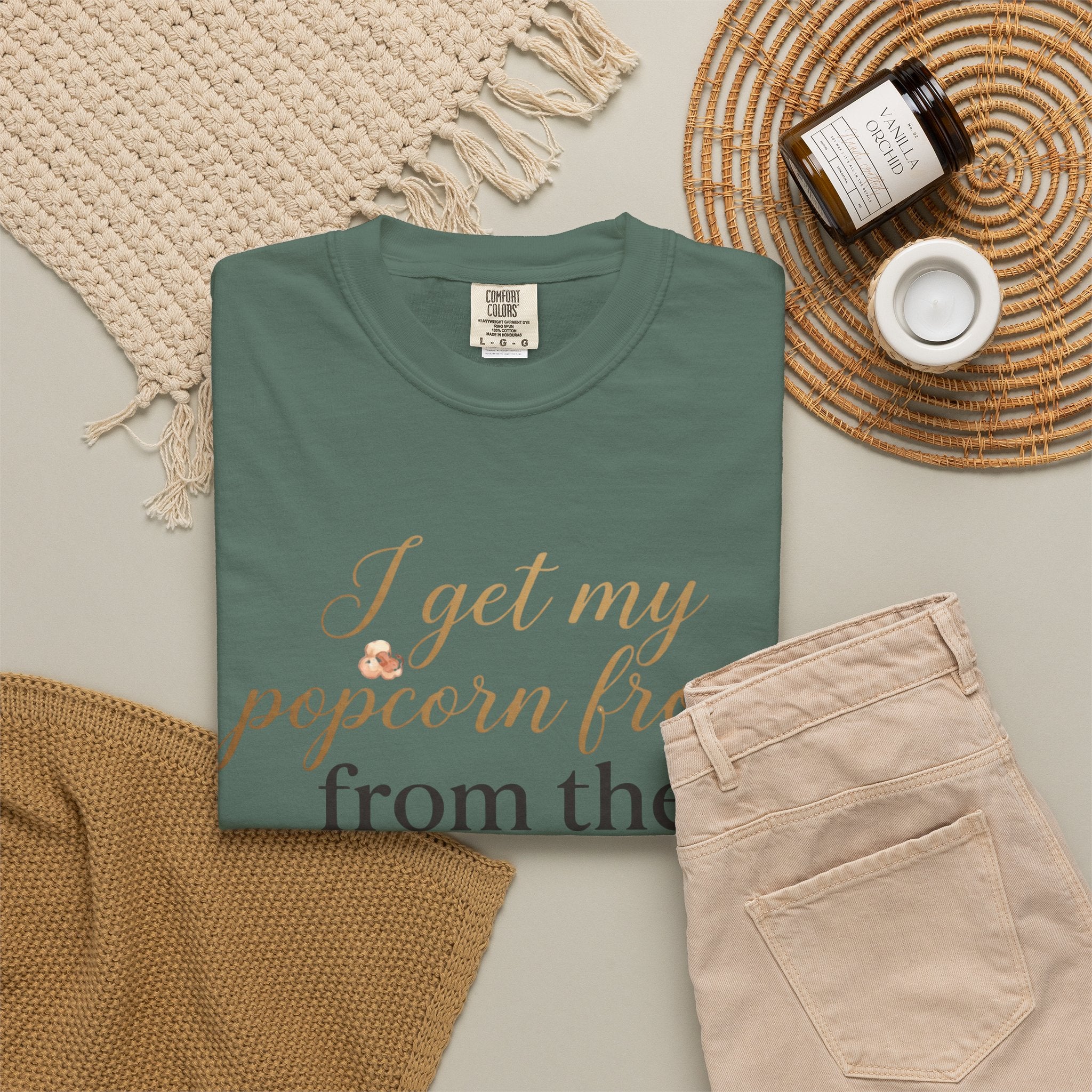 T-Shirt — “I Get My Popcorn From The Apricot Tree” Script Graphic Tee | Hymns | LDS |