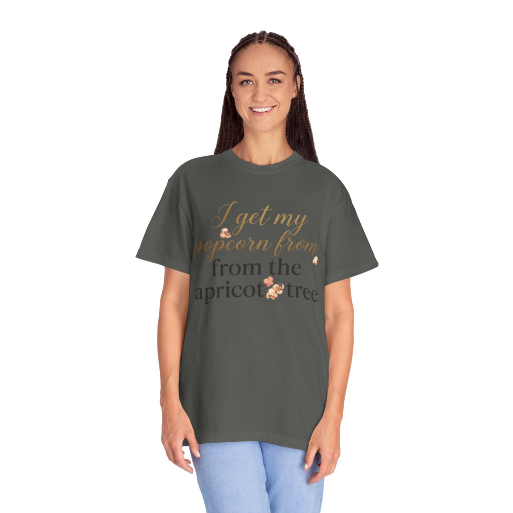 T-Shirt — “I Get My Popcorn From The Apricot Tree” Script Graphic Tee | Hymns | LDS |