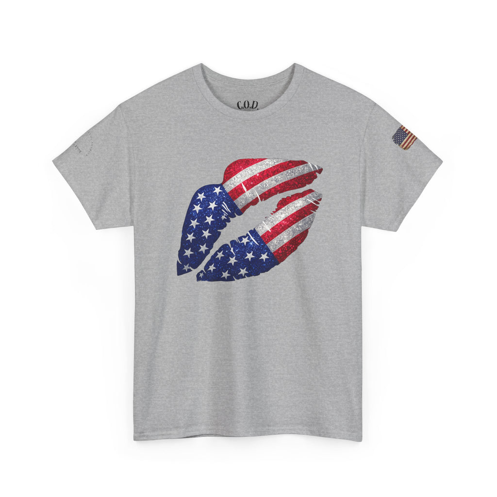 American Flag Kiss T‑Shirt – Patriotic USA Lip Print Tee for 4th of July