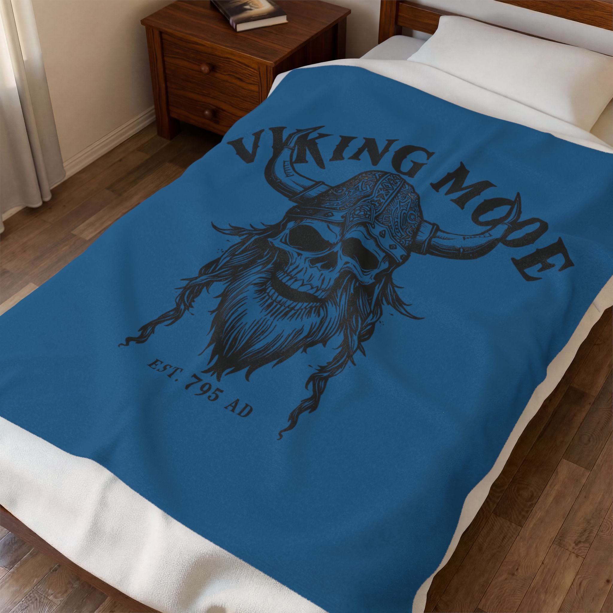 Viking Mode Skull with Horned Helmet Velveteen Blanket | Norse Warrior Design
