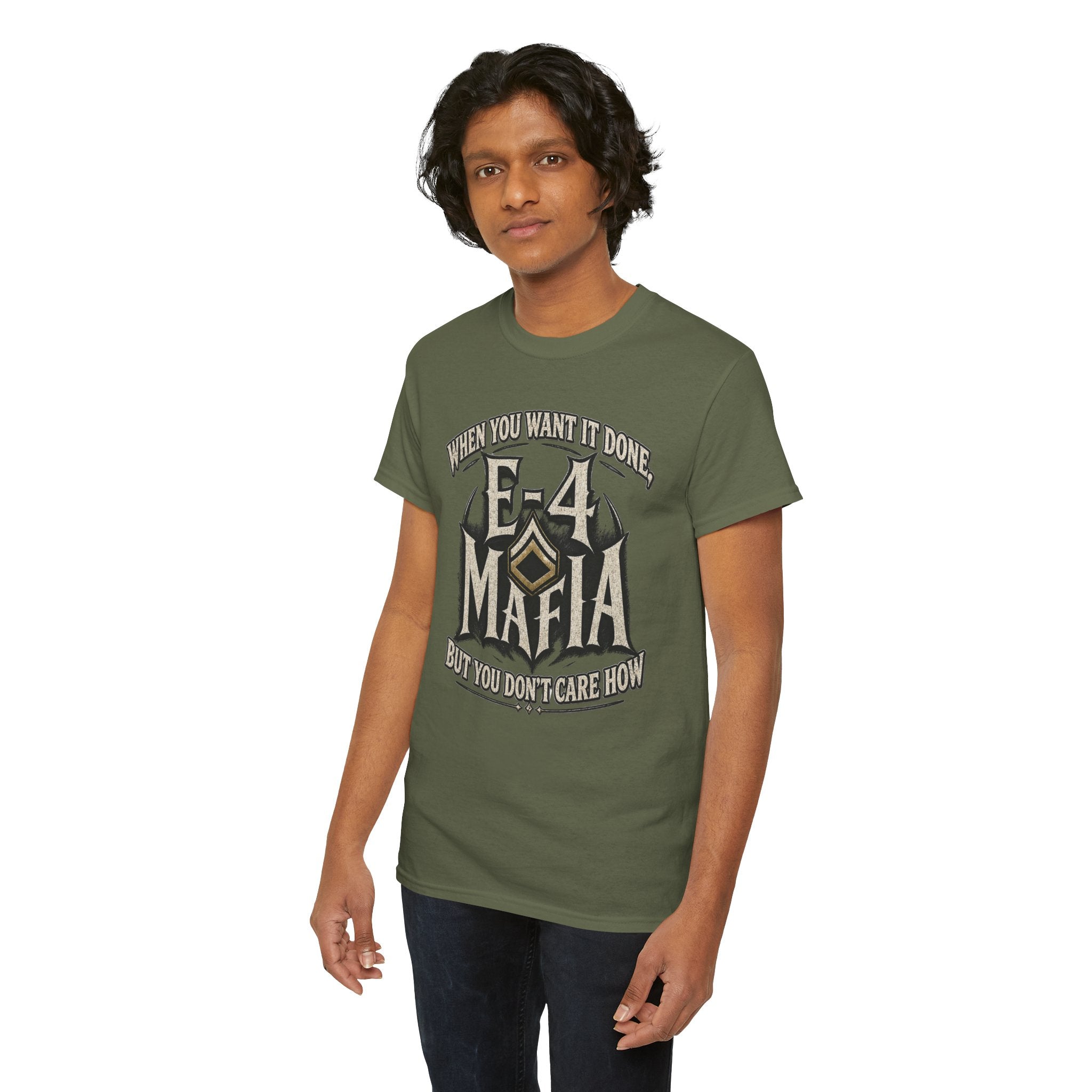 T-Shirt — "E-4 Mafia" Graphic Tee: "When You Want It Done, But You Don’t Care How" Vintage-Style Food Humor