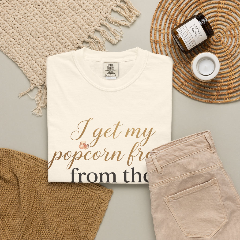 T-Shirt — “I Get My Popcorn From The Apricot Tree” Script Graphic Tee | Hymns | LDS |