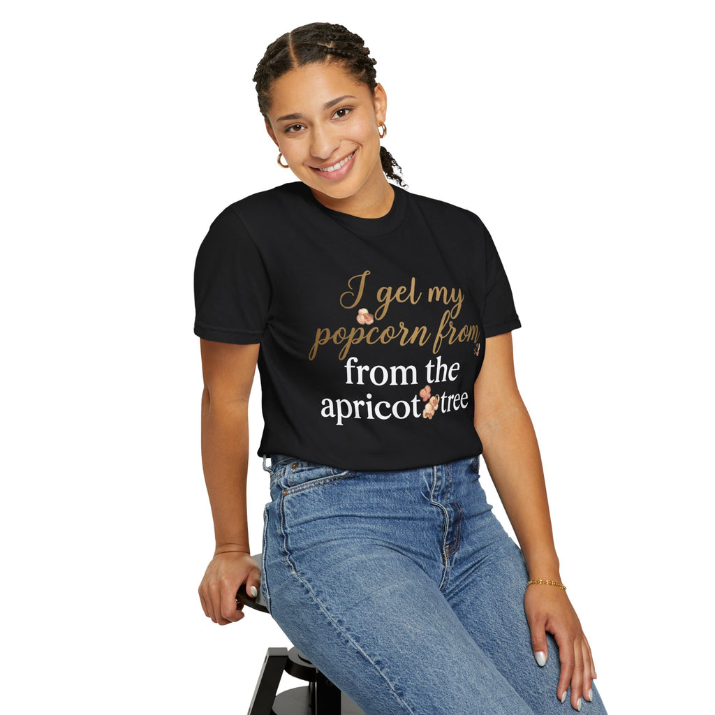 T-Shirt — “I Get My Popcorn From The Apricot Tree” Script Graphic Tee | Hymns | LDS |