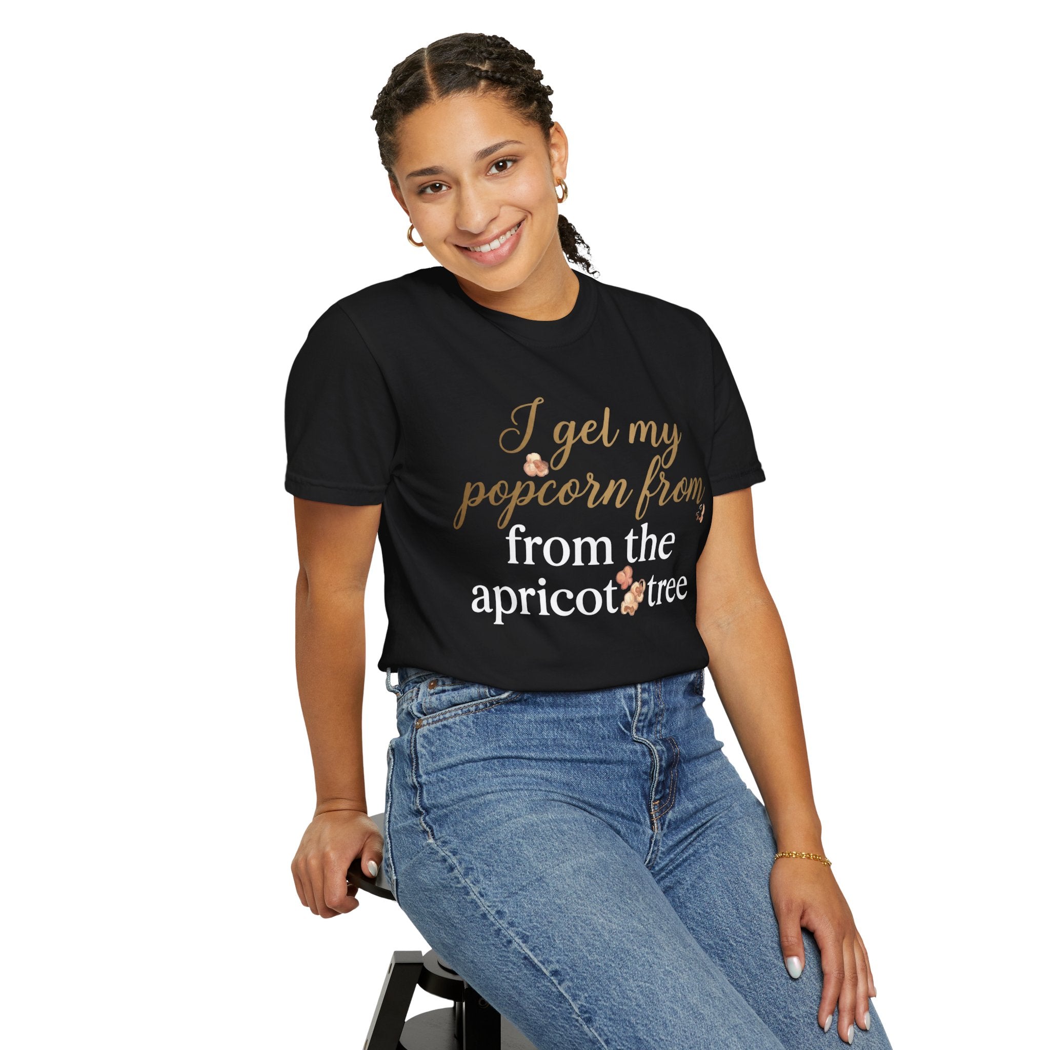 T-Shirt — “I Get My Popcorn From The Apricot Tree” Script Graphic Tee | Hymns | LDS |