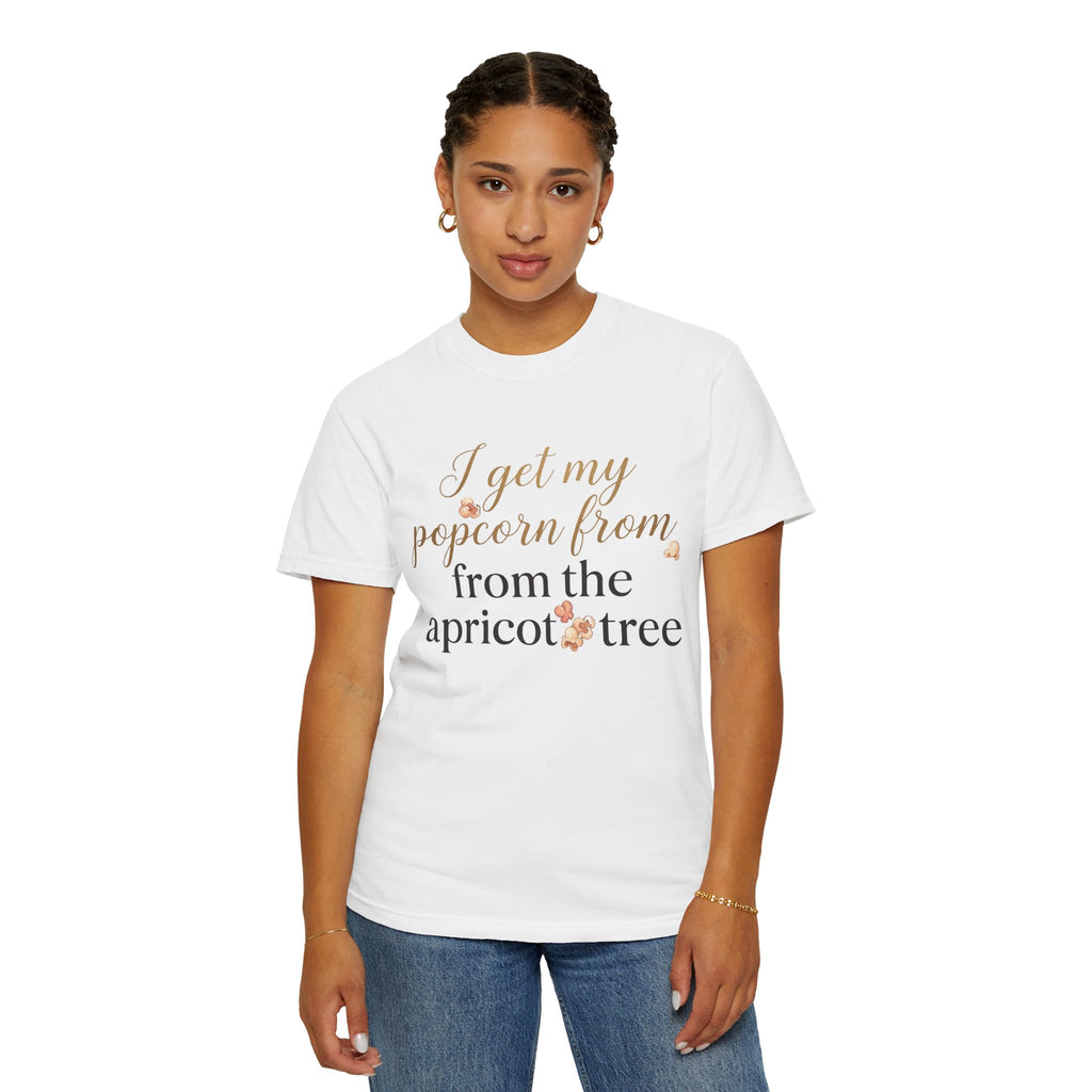T-Shirt — “I Get My Popcorn From The Apricot Tree” Script Graphic Tee | Hymns | LDS |