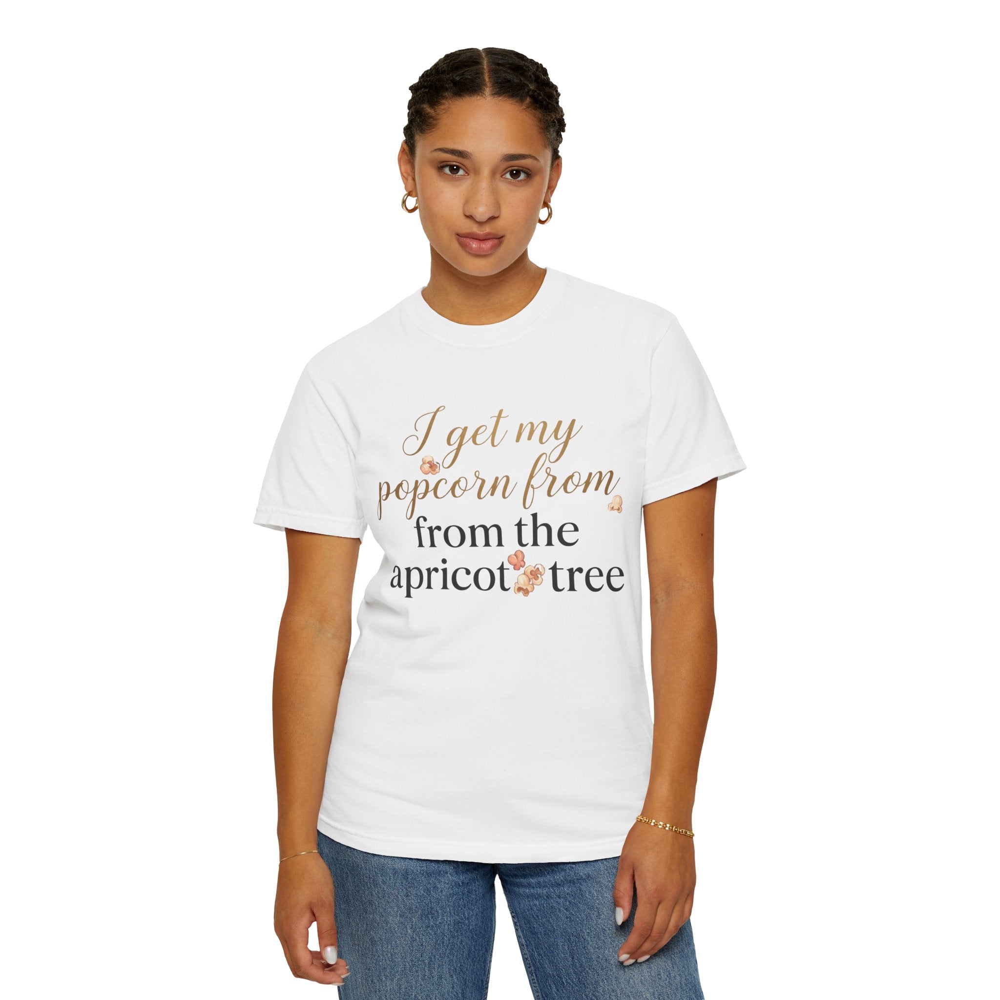 T-Shirt — “I Get My Popcorn From The Apricot Tree” Script Graphic Tee | Hymns | LDS |