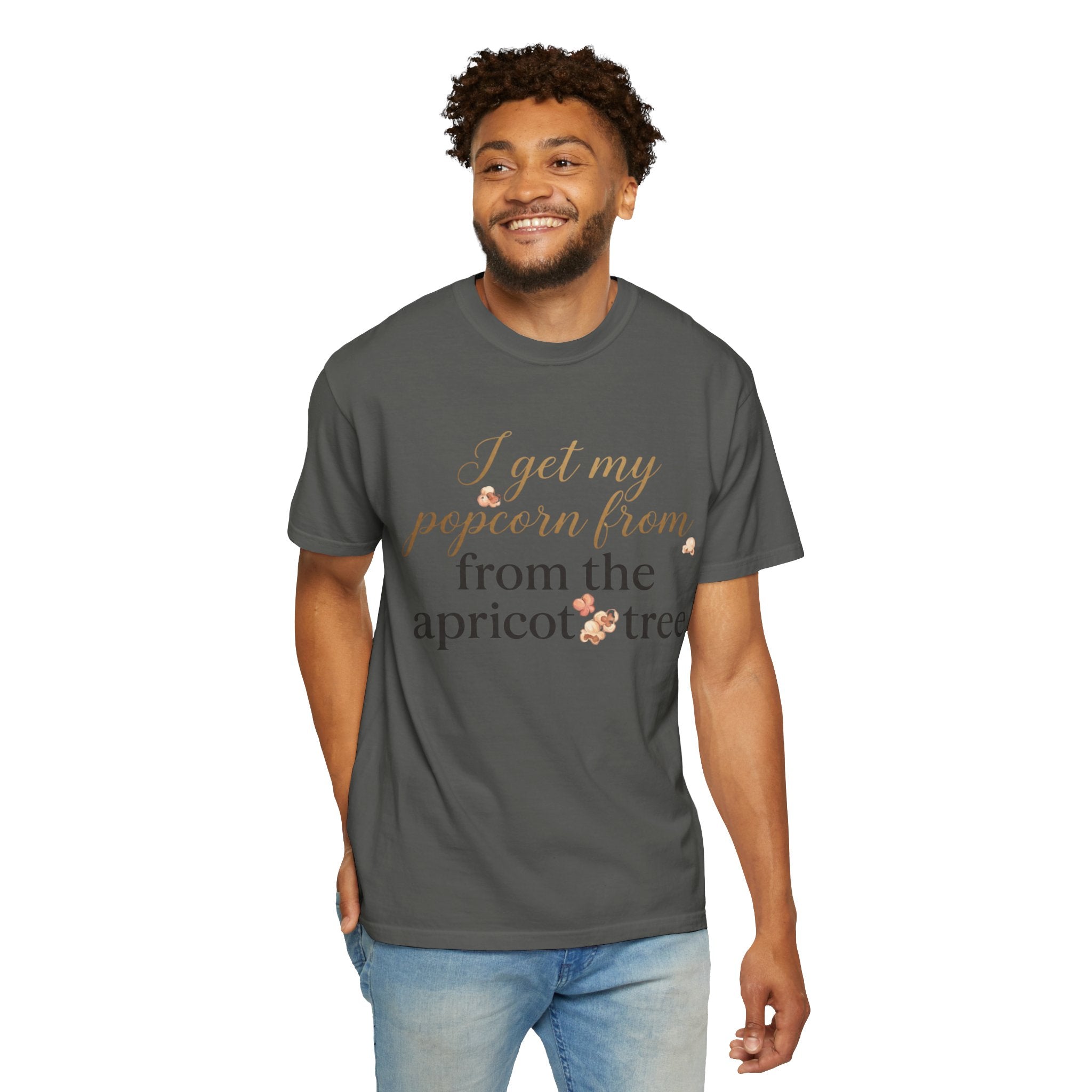 T-Shirt — “I Get My Popcorn From The Apricot Tree” Script Graphic Tee | Hymns | LDS |