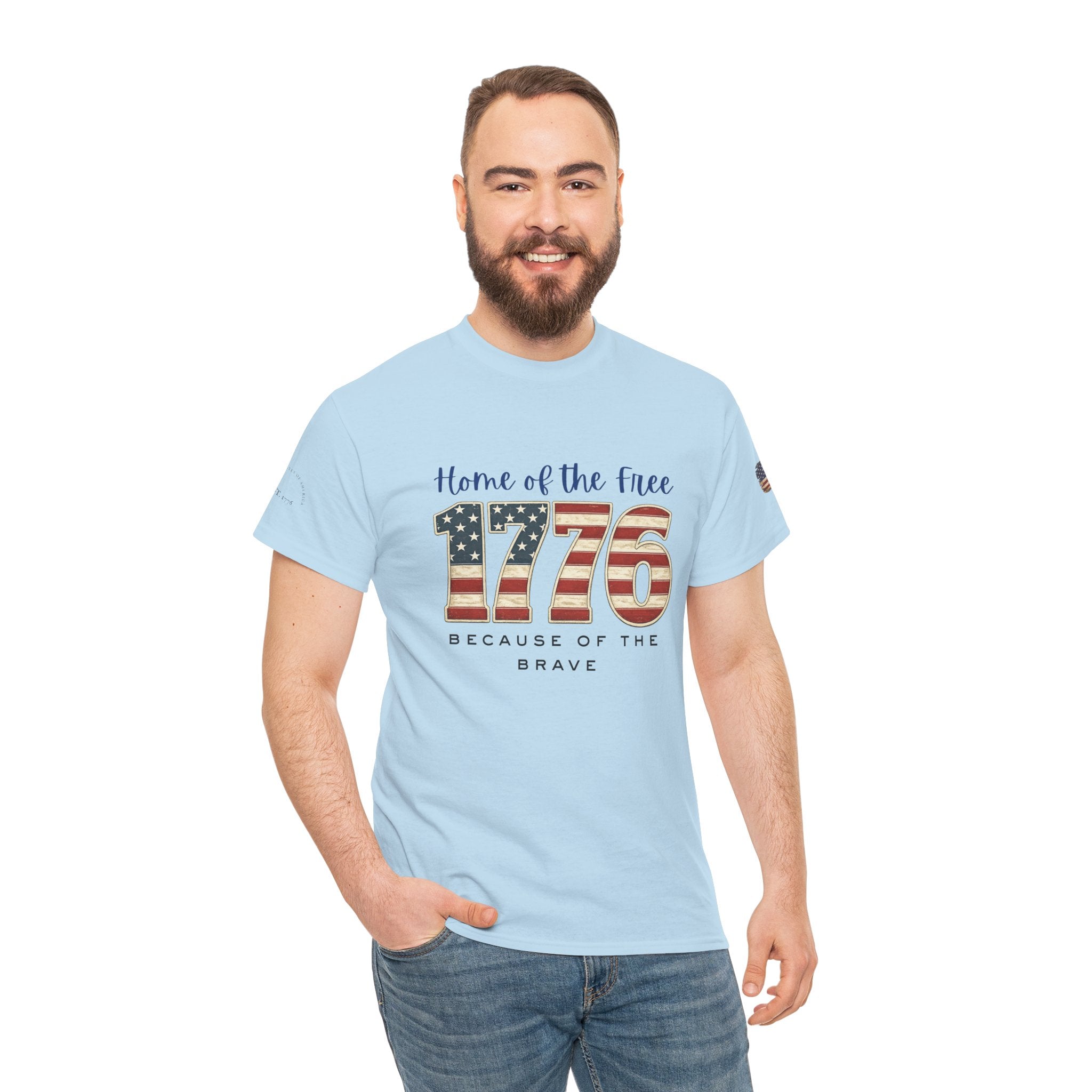 1776 American Flag Tee — "Home of the Free, Because of the Brave" Patriotic T-Shirt