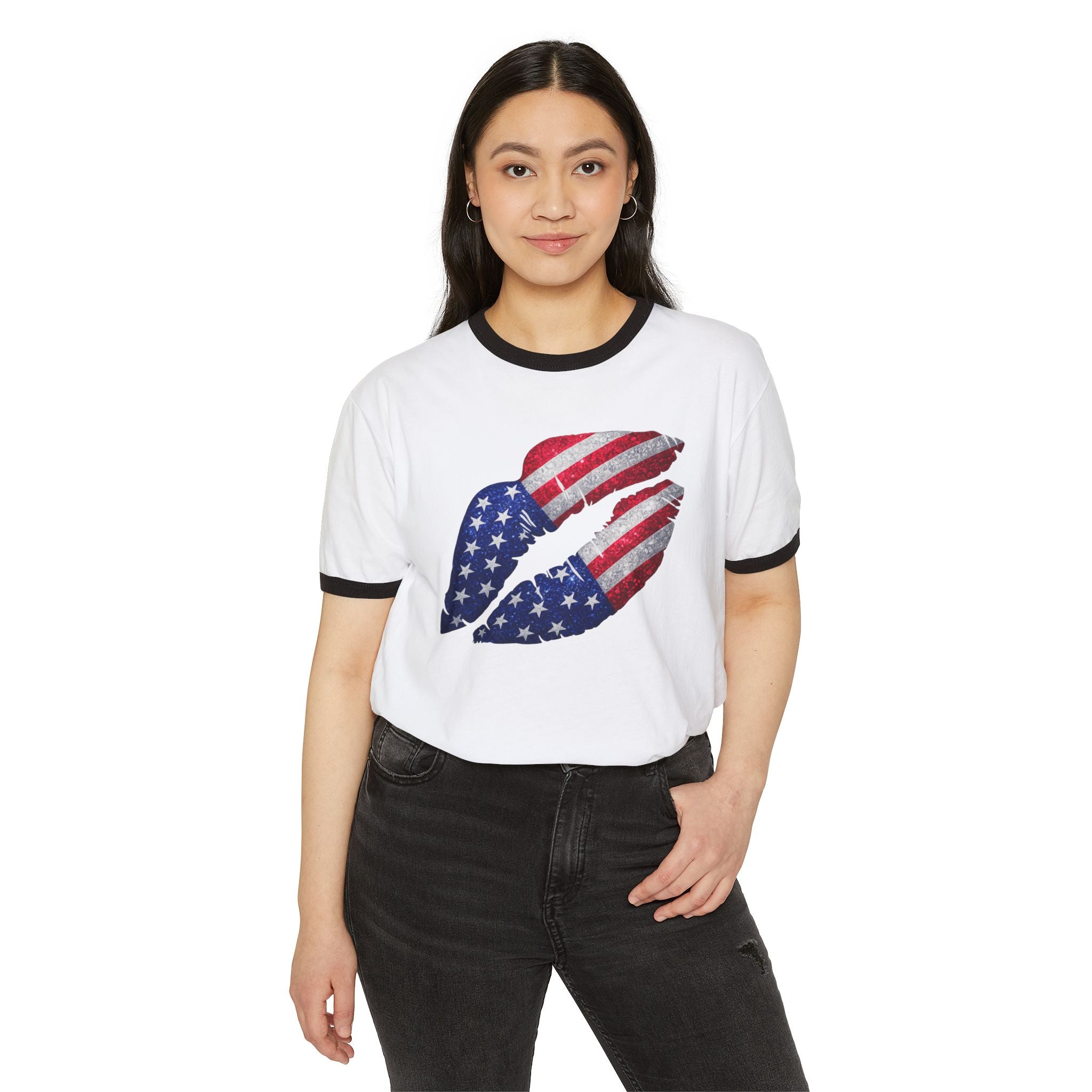 American Flag Kiss Ringer T-Shirt