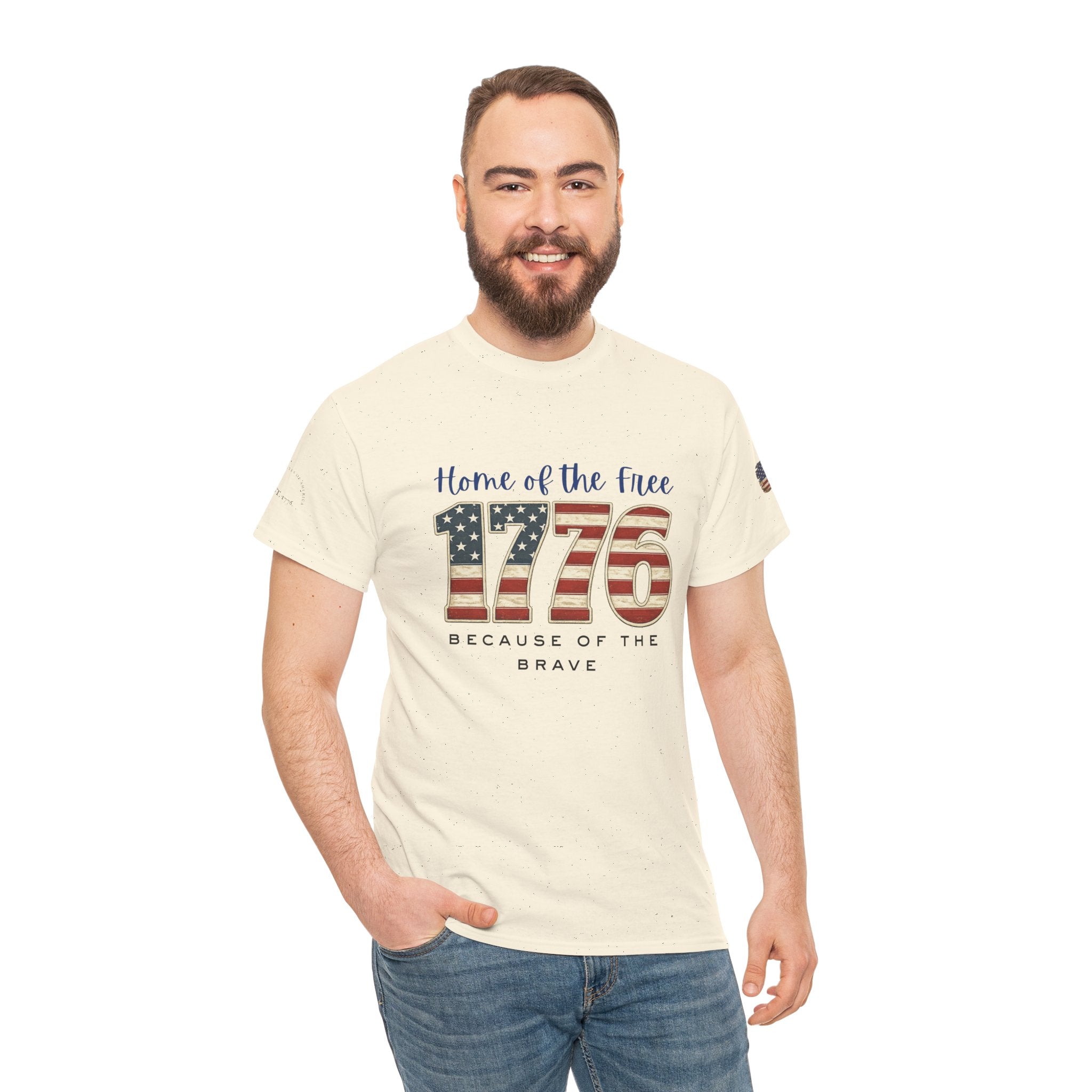 1776 American Flag Tee — "Home of the Free, Because of the Brave" Patriotic T-Shirt